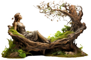 A woman is sitting on a log in a forest. The log is covered in moss and surrounded by plants. The scene is peaceful and serene, with the woman looking out into the distance png