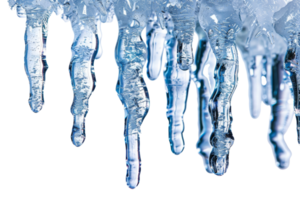 A long line of icicles hanging from a roof. The icicles are made of water and appear to be frozen in mid-fall. Concept of coldness and stillness png