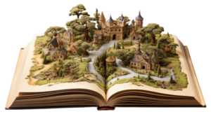 A book is opened to a page with a miniature village. The houses are small and made of wood, and there are trees and a road in the scene png