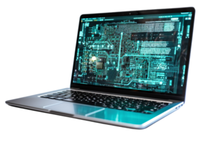 A laptop computer with a blue screen displaying a circuit board png