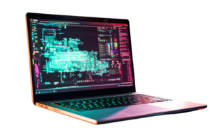 A computer screen shows a colorful, abstract image with a lot of lines and shapes. The image appears to be a work of art, with a sense of movement and energy. The laptop is open and turned on png