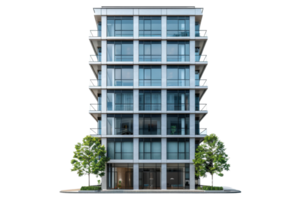 A tall building with a lot of windows and a green tree in front of it png