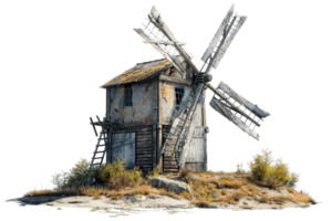 A windmill is on a hill next to a small house. The windmill is old and rusted, and the house is also old and run down. The scene has a sense of abandonment and decay png
