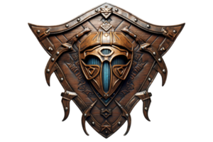 A shield with a face on it and a blue eye. The shield is brown and has a triangular shape png