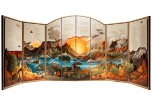 A painting of a landscape with mountains and a sunset. The painting is divided into six panels, each depicting a different part of the landscape. The mood of the painting is serene and peaceful png