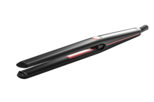 A black hair straightener with a red and white handle png