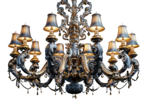 A large chandelier with many lights hanging from it. The chandelier is made of metal and has a gold trim. The lights are warm and inviting, creating a cozy atmosphere png
