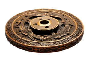 A round metal object with a lot of writing on it. It looks like a coin or a plate png