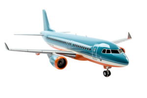 A blue and orange airplane is flying in the sky. The airplane is large and has a lot of windows png