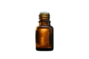 A small amber glass bottle with an open neck, ideal for storing essential oils, perfumes, and medical solutions. Isolated on a transparent background. png