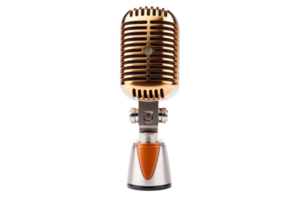 Vintage-style metallic microphone with a retro design, perfect for music, broadcasting, and podcasting. High-resolution stock photo. png
