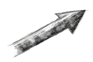 A black and white drawing of an arrow pointing upwards. The arrow is drawn in a very rough and textured style, giving it a sense of movement and energy. Concept of progress and growth png