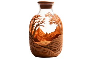 A glass jar with a tree design on it. The jar is brown and has a wooden lid. The scene inside the jar is a forest with a river running through it png