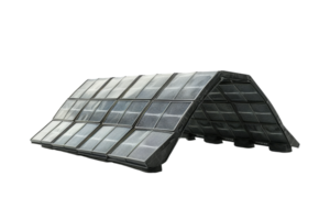 Innovative solar panel array with a unique angular design, showcasing modern renewable energy technology for efficient green power generation. png