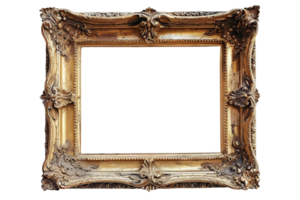 Ornate antique gilded picture frame with intricate detailing, perfect for displaying artwork, photographs, or certificates. png