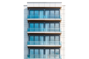 A tall building with a balcony and a glass window. The building is white and has a modern design png