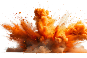 A large orange cloud of smoke and debris is blowing through the air. The scene is chaotic and intense, with the explosion creating a sense of danger and destruction. The orange color of the smoke png