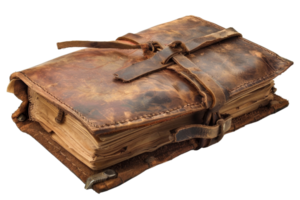A leather bound book with a leather strap around it. The book is old and has a worn leather cover png