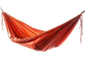 A red and orange hammock is hanging from a hook. The hammock is suspended in the air and he is a large, colorful piece of fabric png