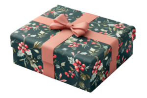 A green box with a bow on top and a floral design. The box is decorated with red berries and leaves png