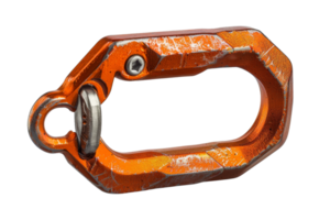 A metal object with a hook on the end. It is orange and has a silver ring. The hook is attached to a chain png