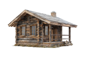 A small log cabin with a porch and a chimney. The cabin is old and has a rustic feel to it png