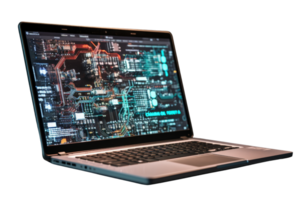 A laptop computer with a screen displaying a complex circuit board png