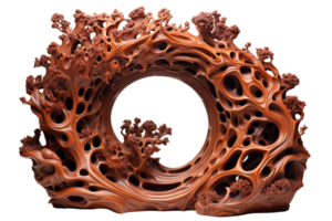 A large, carved piece of wood with a tree-like design. The wood is brown and has a lot of holes in it. The piece is very intricate and detailed, with many different shapes and sizes png