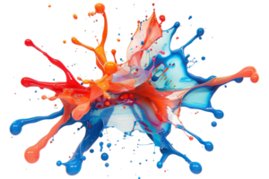 uma respingo do pintura com vermelho, azul, e laranja cores. a Espirrar do pintura é dentro a ar e tem uma sentido do movimento e energia. a cores estão brilhante e vibrante, criando uma animado png