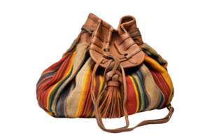 A colorful purse with a brown strap. The purse is made of leather and has a fringe. The purse is a beautiful and unique accessory that can be used to express one's personal style png