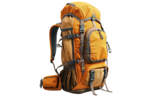 A large orange backpack with a brown lining. The backpack is made of a combination of materials and has a unique design png