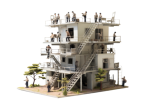 A model of a tall building with people on the roof. The building is white and has a lot of windows png