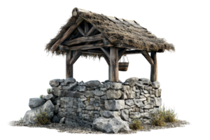 A small, weathered stone building with a thatched roof and a hanging basket. The building appears to be a well or a water source png