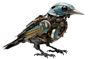 A bird made of metal parts and gears. The bird is blue and has a mechanical appearance. Concept of creativity and artistry, as well as a fascination with the intersection of nature and technology png