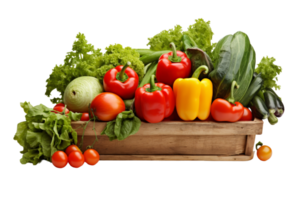 A basket of vegetables including tomatoes, peppers, and cucumbers. The basket is wooden and filled with a variety of colorful vegetables png