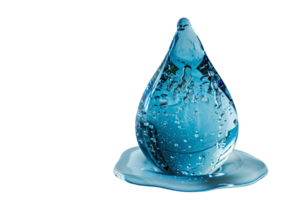 A close-up of a blue water droplet with bubbles inside, isolated on a transparent background. for a clean, refreshing look. png