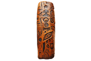A wooden sculpture with many different shapes and designs. It is a piece of art. The sculpture is brown and has a lot of detail png