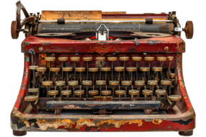 An old typewriter with a red and black keyboard. The typewriter is old and rusty, and it has a vintage look to it png