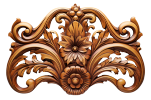 A wooden flower design with a leafy border. The design is ornate and intricate, with a sense of elegance and sophistication. The wood grain is visible, adding to the natural png