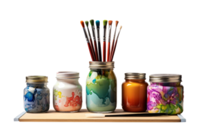A shelf with jars of paint and paintbrushes. The jars are of different colors and sizes, and the paintbrushes are of various sizes and colors. Concept of creativity and artistic expression png