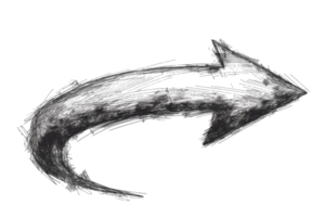 A black and white drawing of an arrow pointing to the right. The arrow is drawn in a very stylized and artistic way, with a lot of detail and texture. Scene is one of creativity and imagination png