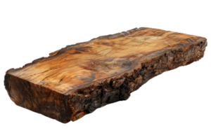 A large piece of wood with a rough texture and a brown color. It is laying on a white background png