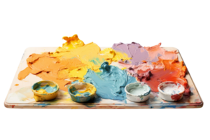 A table with a variety of paint colors and paintbrushes. The table is covered in paint and has a messy appearance. The colors are bright and vibrant, creating a lively and creative atmosphere png