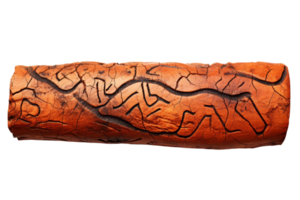 A long, brown log with a series of lines and markings on it. The lines are in various shapes and sizes, and some of them are overlapping. The log appears to be weathered and aged png