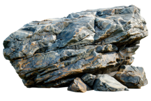A large rock with a few smaller rocks on top of it. The rock is grey and black with some brown spots png