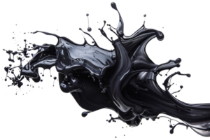 Abstract splash of black viscous liquid or paint in mid-air with dynamic motion and texture against a transparent background. png