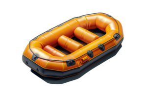 High-quality image of an orange inflatable raft with black accents, isolated on a transparent background. Ideal for water sports and outdoor activities. png