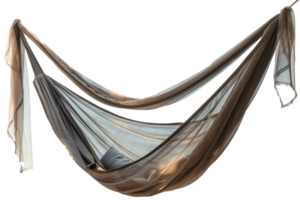 Outdoor hammock hanging with elegant, flowing fabric. Perfect for relaxing, camping, and adding style to any garden or patio setting. png