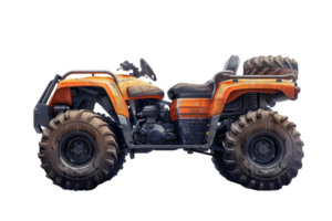 Side view of an orange all-terrain vehicle ATV with muddy tires and rugged design, isolated on a transparent background. png