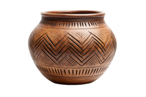 Handcrafted wooden pot with intricate carvings, perfect for rustic home decor or artisanal collections. High-resolution image on transparent background. png